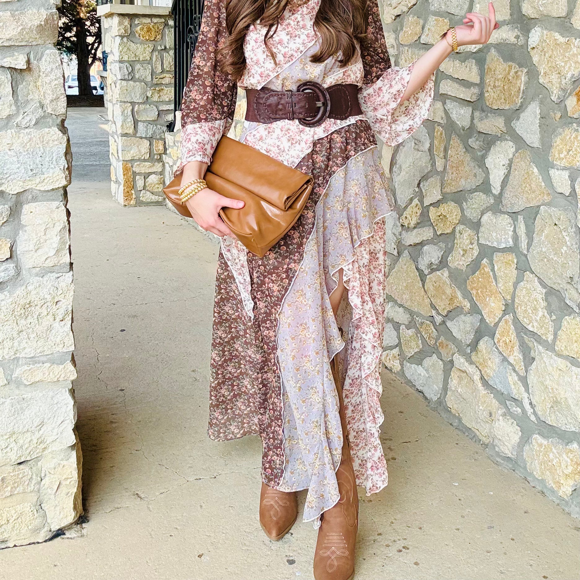 East Coast Floral Striped Ruffle Maxi Dress