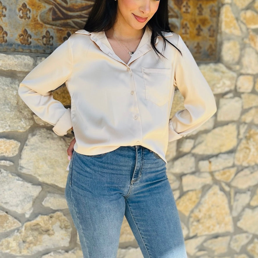 satin blouse, silky button up top, classic collared blouse, long sleeve satin shirt, relaxed fit blouse, polished work blouse, date night top, chic satin button down, versatile wardrobe staple, timeless satin blouse, soft silky feel blouse, solid color satin top, elevated everyday blouse, office to evening top, best selling satin blouse, smooth satin shirt, recycled polyester blouse, sophisticated satin top, chest pocket blouse, effortless chic satin blouse