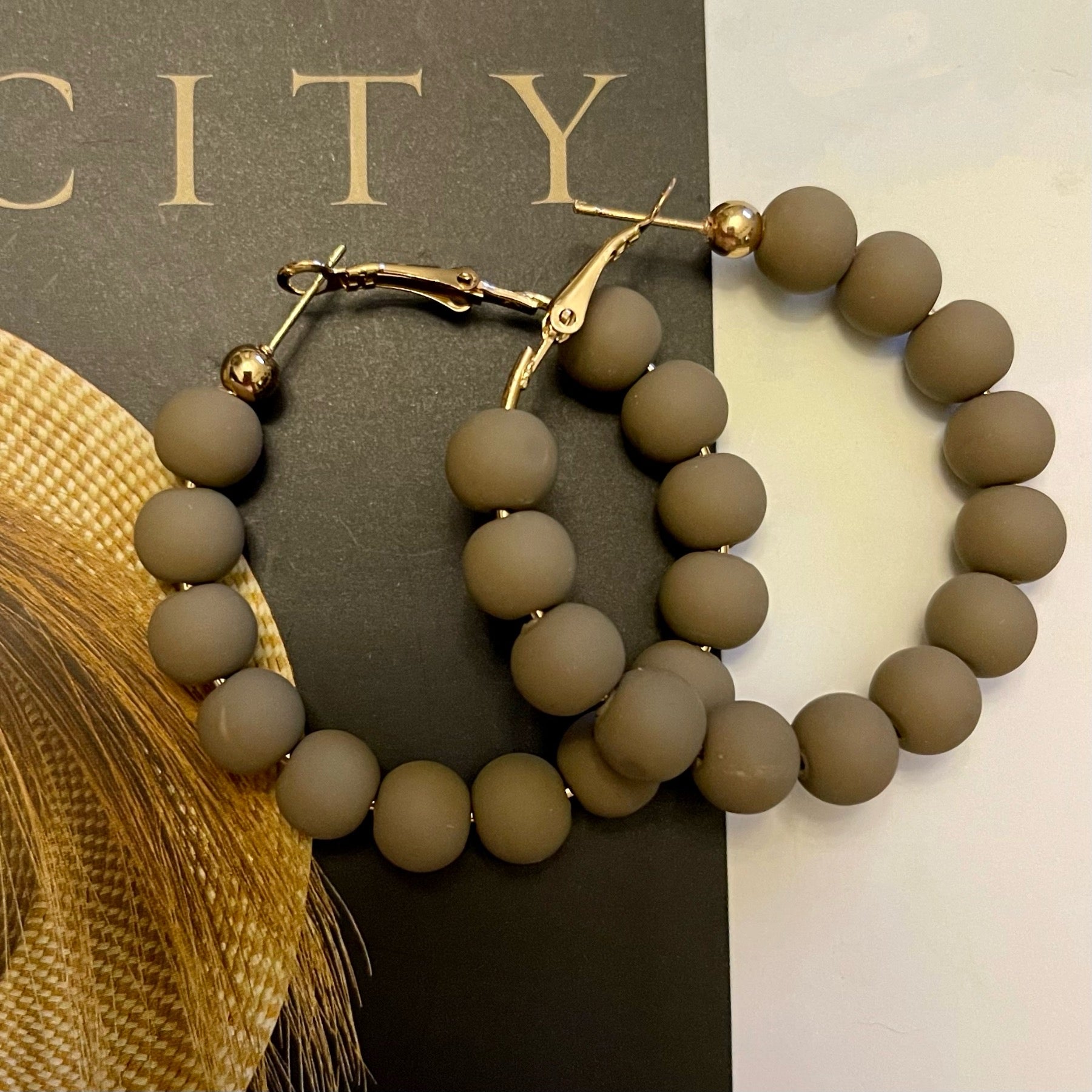 beaded earrings, beaded hoop earrings, fun hoop earrings, unique hoop earrings, clay hoop earrings, clay hoop earrings, brown hoop earrings