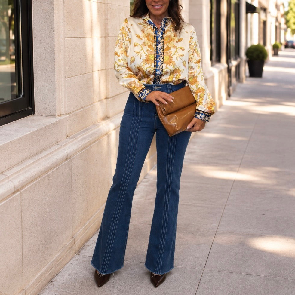 Cafe Fleur Luxe Polished Printed Button Down Blouse