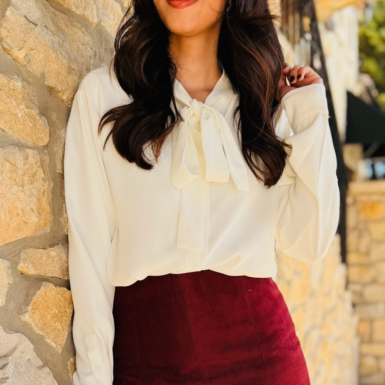 Refined Bow Tie Neck Button Down Shirt