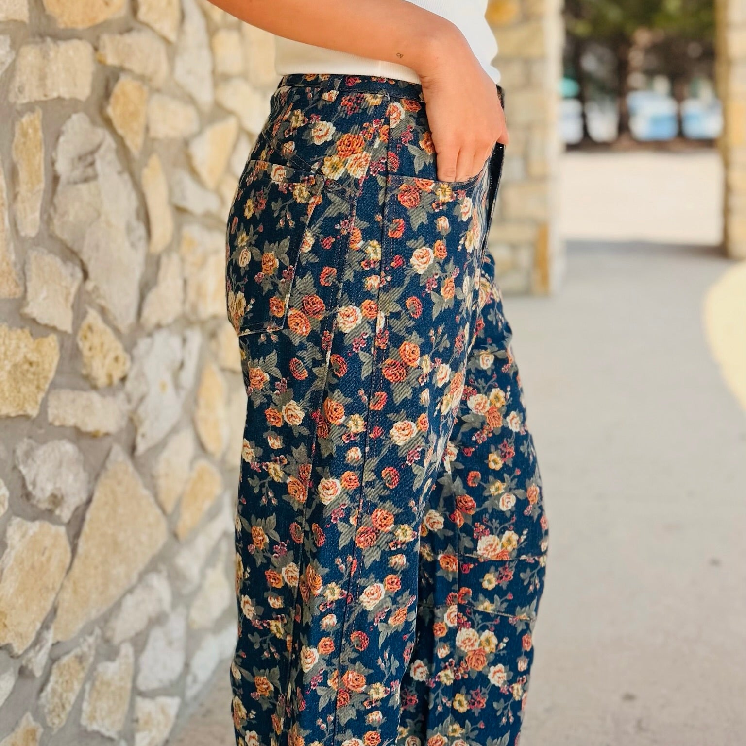 Sunset Garden Mineral Washed Floral Denim Barrel Pants