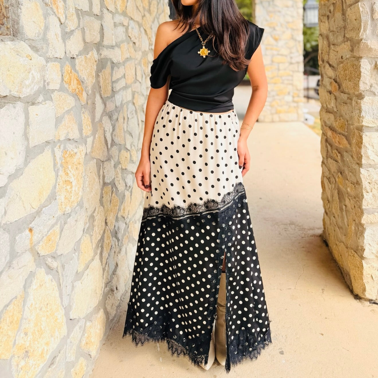 The Poppy Polka Dot Midi Asymmetrical Skirt