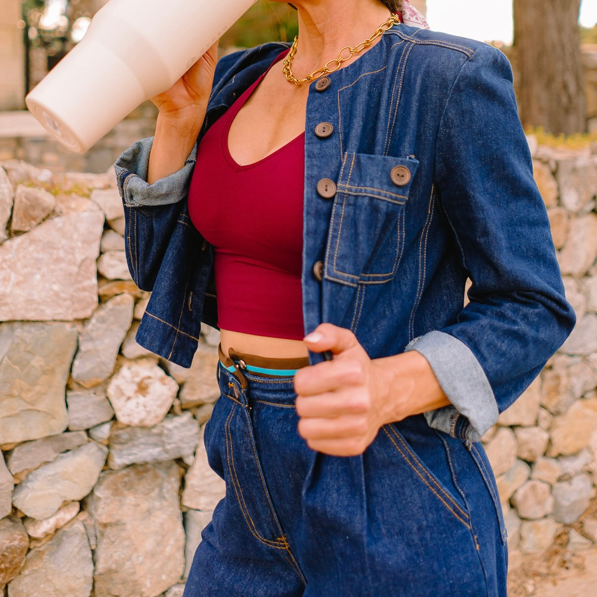 cropped denim jacket, dark wash denim jacket, women’s denim jacket, button down jean jacket, boutique denim jacket, classic jean jacket, casual denim jacket, fall layering piece, 100% cotton denim, dark wash cropped jacket, trendy denim outfit, matching denim set, timeless jean jacket, everyday denim outerwear, round neck denim jacket, long sleeve denim jacket, stylish denim jacket for women