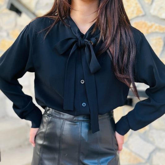 refined bow blouse, bow tie blouse, sophisticated blouse, chic blouse, elegant women's top, black blouse, white blouse, button down blouse, long sleeve blouse, office blouse, workwear top, dressy blouse, evening blouse, woven blouse, polished blouse, classic blouse, feminine blouse, versatile blouse, timeless blouse, professional top, business casual top, dinner outfit blouse, sleek blouse, wardrobe essential top