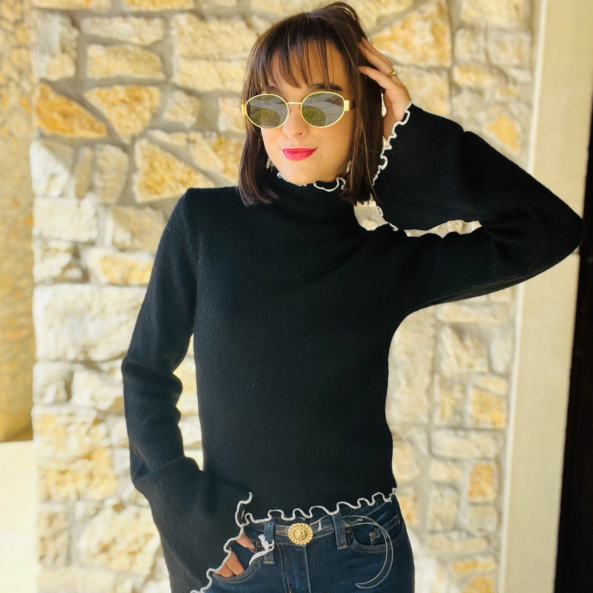 contrast turtleneck sweater, mock neck sweater, contrast stitch sweater, flare sleeve sweater, slim fit knit top, trendy fall sweater, cozy knit mock neck, boutique fall fashion, chic neutral sweater, stylish knit top, elevated basic sweater, modern classic knit, color contrast pullover, women’s fall style, polished fall outfit, sweater with flare sleeves, fall layering top, contrast detail knit, fall wardrobe staple, office to weekend sweater, cozy chic top, minimalist sweater, black and white sweater