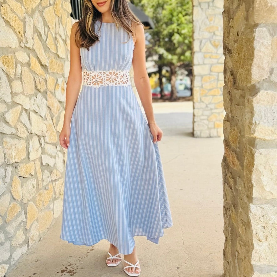 Graceful Romance Striped Lace Trim Open Back Midi Dress