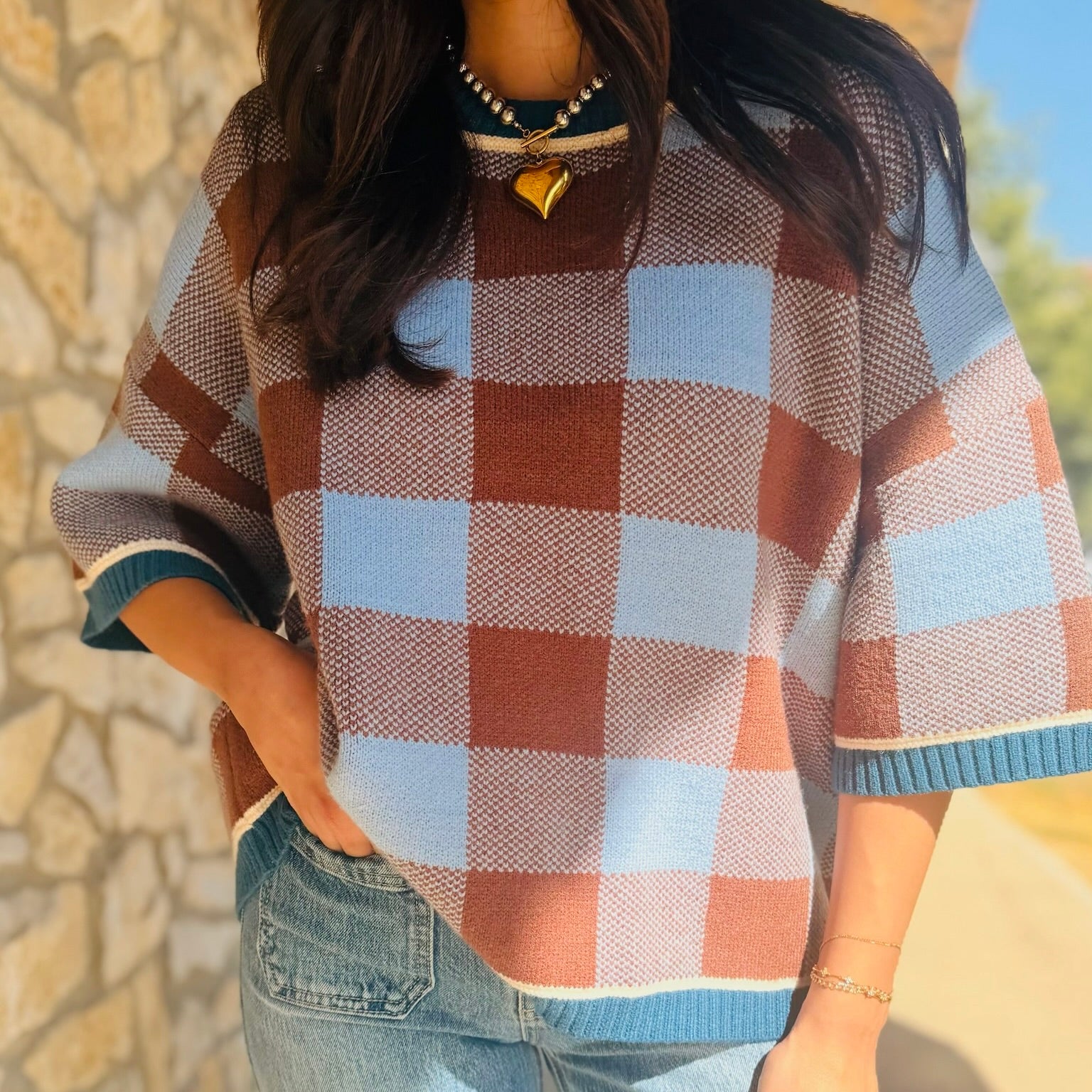 The Cozy Cabin Gingham Drop Shoulder Sweater
