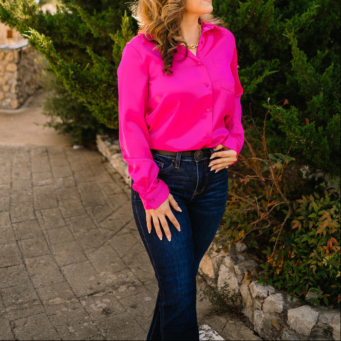 satin blouse, silky button up top, classic collared blouse, long sleeve satin shirt, relaxed fit blouse, polished work blouse, date night top, chic satin button down, versatile wardrobe staple, timeless satin blouse, soft silky feel blouse, solid color satin top, elevated everyday blouse, office to evening top, best selling satin blouse, smooth satin shirt, recycled polyester blouse, sophisticated satin top, chest pocket blouse, effortless chic satin blouse