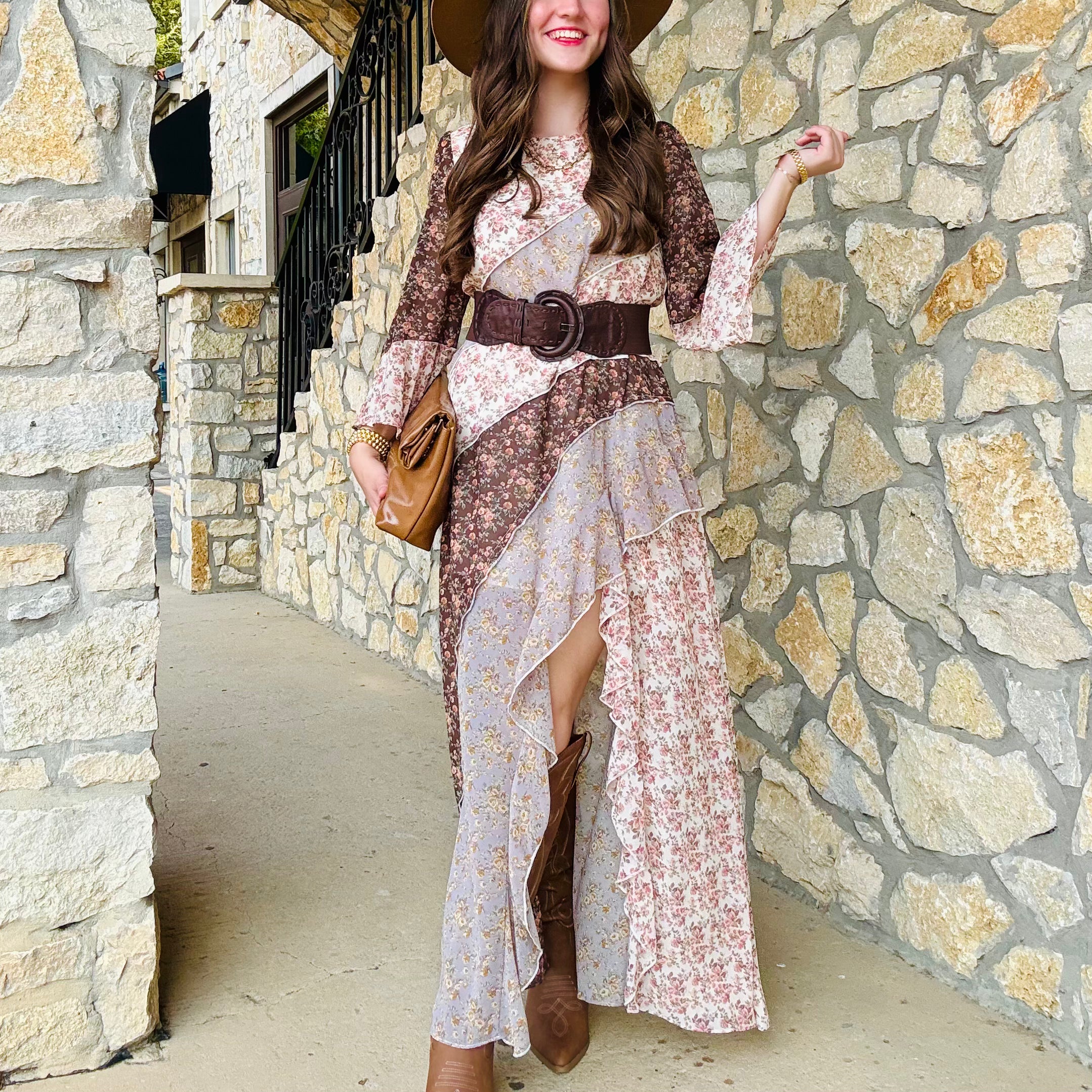 East Coast Floral Striped Ruffle Maxi Dress