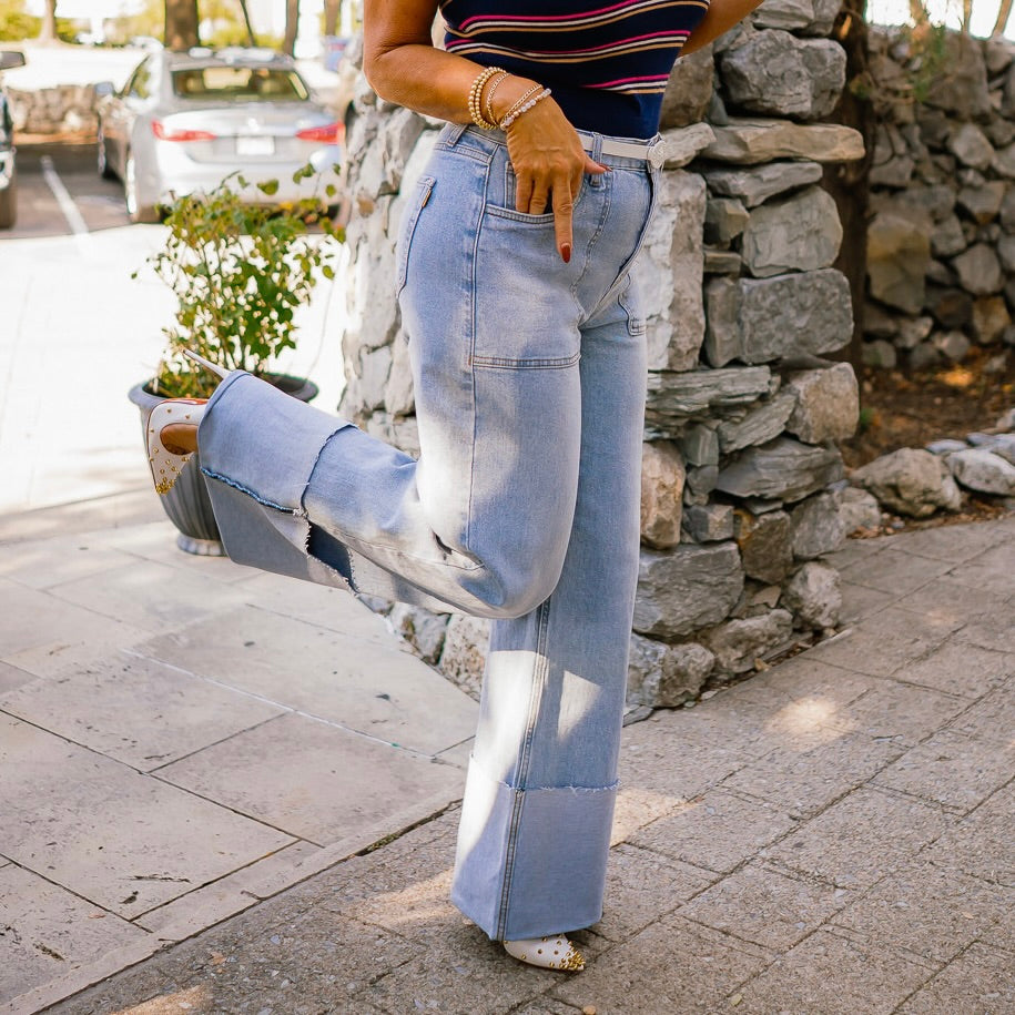 stretchy wide leg jeans, high rise jeans, medium wash denim, folded hem jeans, comfy stretch jeans, wide jeans for women, relaxed fit denim, casual everyday jeans, flattering high waist denim, big pocket jeans, classic 5 pocket jeans, zip fly jeans, trendy wide leg denim, soft stretchy jeans, must have denim, comfortable wide jeans, modern casual jeans, versatile medium wash jeans, cotton spandex jeans, cute and comfy jeans