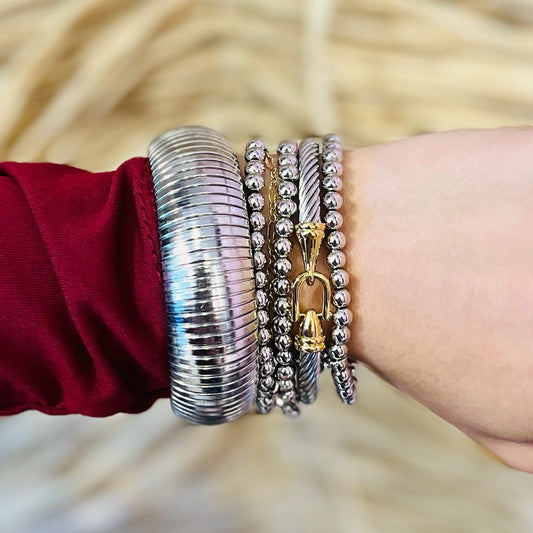 bracelet set, B.B. Lila bracelets, dark silver beaded bracelets, stackable silver bracelets, elastic stretch bracelets, tarnish free jewelry, rust free bracelets, minimalist silver jewelry, layering bracelet set, boho chic bracelets, gift for her jewelry, durable stretch bracelet, trendy silver stack, silver beaded stack, everyday bracelet set, neutral silver tone jewelry, boutique style bracelets, dainty arm stack