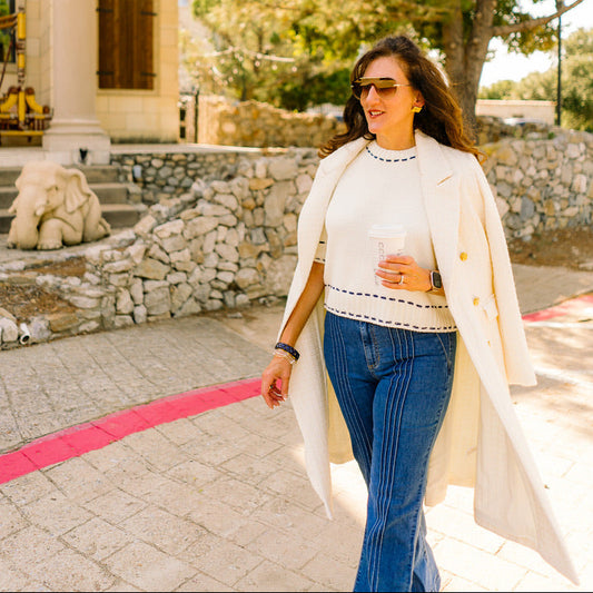 stitch detail top, knit short sleeve top, white and navy top, textured knit blouse, crew neck knit top, classic short sleeve sweater, casual chic top, office knit top, brunch outfit top, everyday knit blouse, lightweight sweater top, navy trim top, polished casual top, versatile white top, feminine knit shirt, stylish textured top, soft acrylic knit top, minimal knit blouse, timeless short sleeve top, effortless everyday top