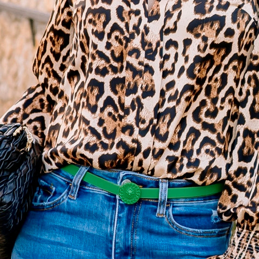 thin belt, staple accessories, staple accessory, thin leather belt, leather belt, pleather belt, thin pleather belt, staples, round buckle belt, green belt, green white belt