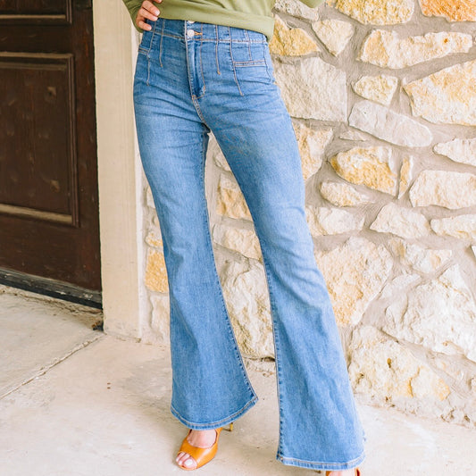 flare jeans, medium wash jeans, medium wash denim, denim apparel, medium denim apparel, two button jeans, two button denim apparel, double button jeans, high rise jeans, hi-rise jeans, high rise pants, business casual, casual Fridays, medium wash flare jeans, retro jeans, retro inspired jeans, clean denim, clean jeans, back to school jeans, teacher jeans, teacher pants, teacher denim 