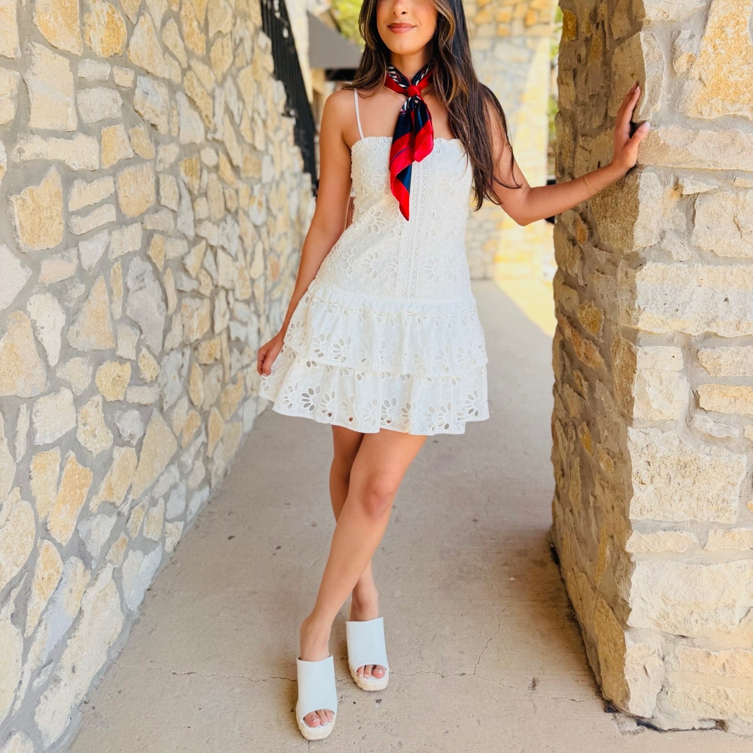 mini tiered dress Darling Daydream Eyelet Dropwaist Tiered Mini Dress White / L