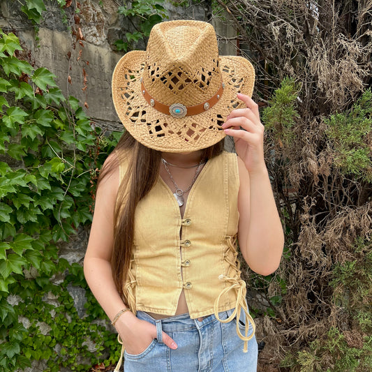 denim vest, lace up denim vest, boho denim vest, western denim vest, sleeveless denim top, v-neck denim vest, button up vest, festival denim vest, concert outfit vest, rodeo outfit vest, denim vest for layering, rust denim vest, tan denim vest, solid color vest, cowgirl style vest, lace up side vest, denim statement piece, summer to fall vest, country concert outfit, boho western outfit, denim vest top, sleeveless western top, trendy denim vest, western chic vest