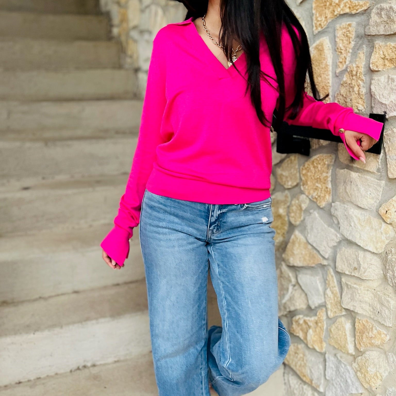 knit polo sweater, lightweight sweater, fall sweater top, collared v-neck sweater, polo knit top, versatile fall staple, classic knit sweater, long sleeve polo top, transitional sweater, chic lightweight knit, timeless fall sweater, neutral wardrobe essential, work to weekend outfit, minimalist sweater, classy knit top, solid color sweater, soft knit polo, everyday fall top, sleek silhouette sweater, cozy chic knit