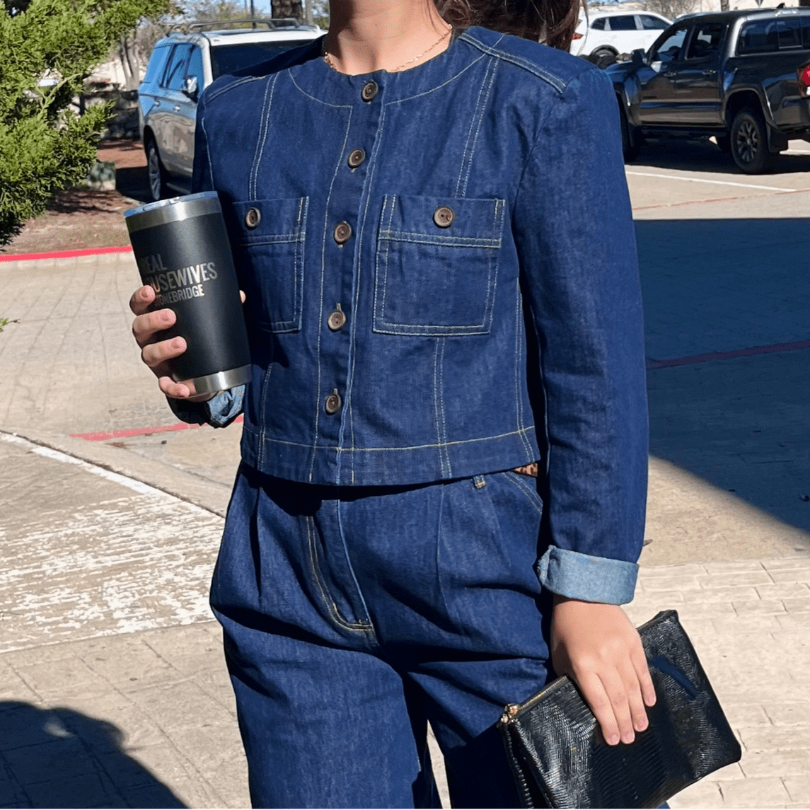 cropped denim jacket, dark wash denim jacket, women’s denim jacket, button down jean jacket, boutique denim jacket, classic jean jacket, casual denim jacket, fall layering piece, 100% cotton denim, dark wash cropped jacket, trendy denim outfit, matching denim set, timeless jean jacket, everyday denim outerwear, round neck denim jacket, long sleeve denim jacket, stylish denim jacket for women