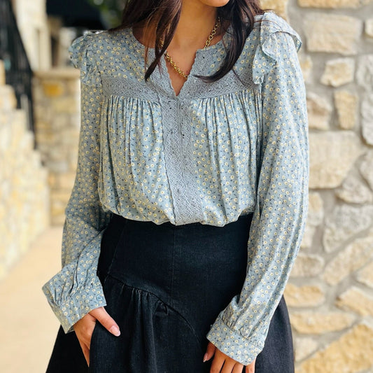 boho blouse, floral blouse, ditsy floral top, ruffle shoulder blouse, v neck floral top, long sleeve blouse, feminine boho top, breezy summer blouse, spring floral blouse, fall transition top, lined floral blouse, cotton lace detail top, button back blouse, boutique floral top, casual chic blouse, romantic boho style, cute floral shirt, lightweight floral top, versatile blouse, trendy boho top