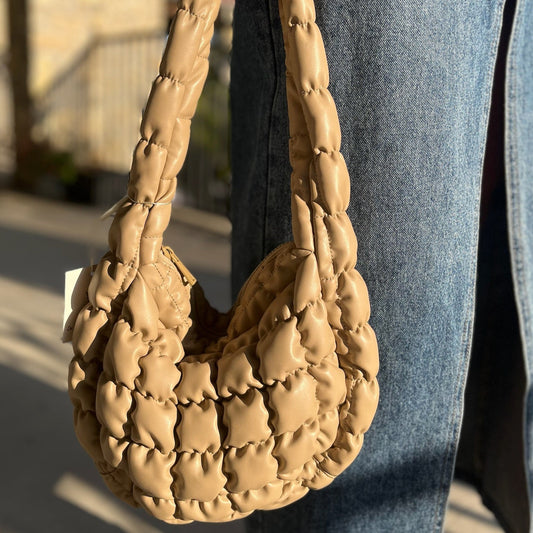 quilted shoulder bag, shoulder bag, quilted purse, quilted bag, free people bag dupe, free people dupe, faux leather bag, faux leather shoulder bag, crossbody bag, crossbody purse, quilted crossbody, taupe bag, tan purse, tan bag