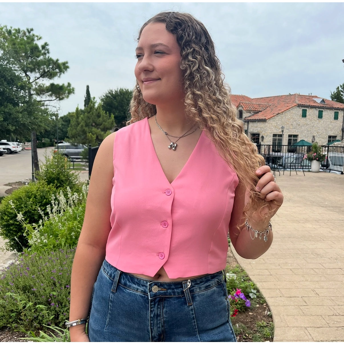 vest top, cropped vest, sleeveless vest, button front vest, taupe vest, black vest, pink vest, layering vest, women’s vest, versatile vest, blazer layering top, mesh top layering, trendy vest top, chic cropped vest, business casual vest, night out top, fall layering piece, transitional wardrobe, boutique vest, stylish vest