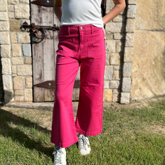 pink jeans, hot pink denim, cropped wide leg jeans, high rise pink pants, bold color denim, statement jeans, trendy pink jeans, wide leg crop denim, colorful boutique jeans, fun pink outfit, work appropriate colored jeans, school outfit denim, comfort stretch jeans, square pocket jeans, women’s wide leg jeans, fashion forward denim, vibrant pink pants, trendy fall denim, bold color statement piece, stylish pink bottoms, boutique color denim, flattering cropped jeans