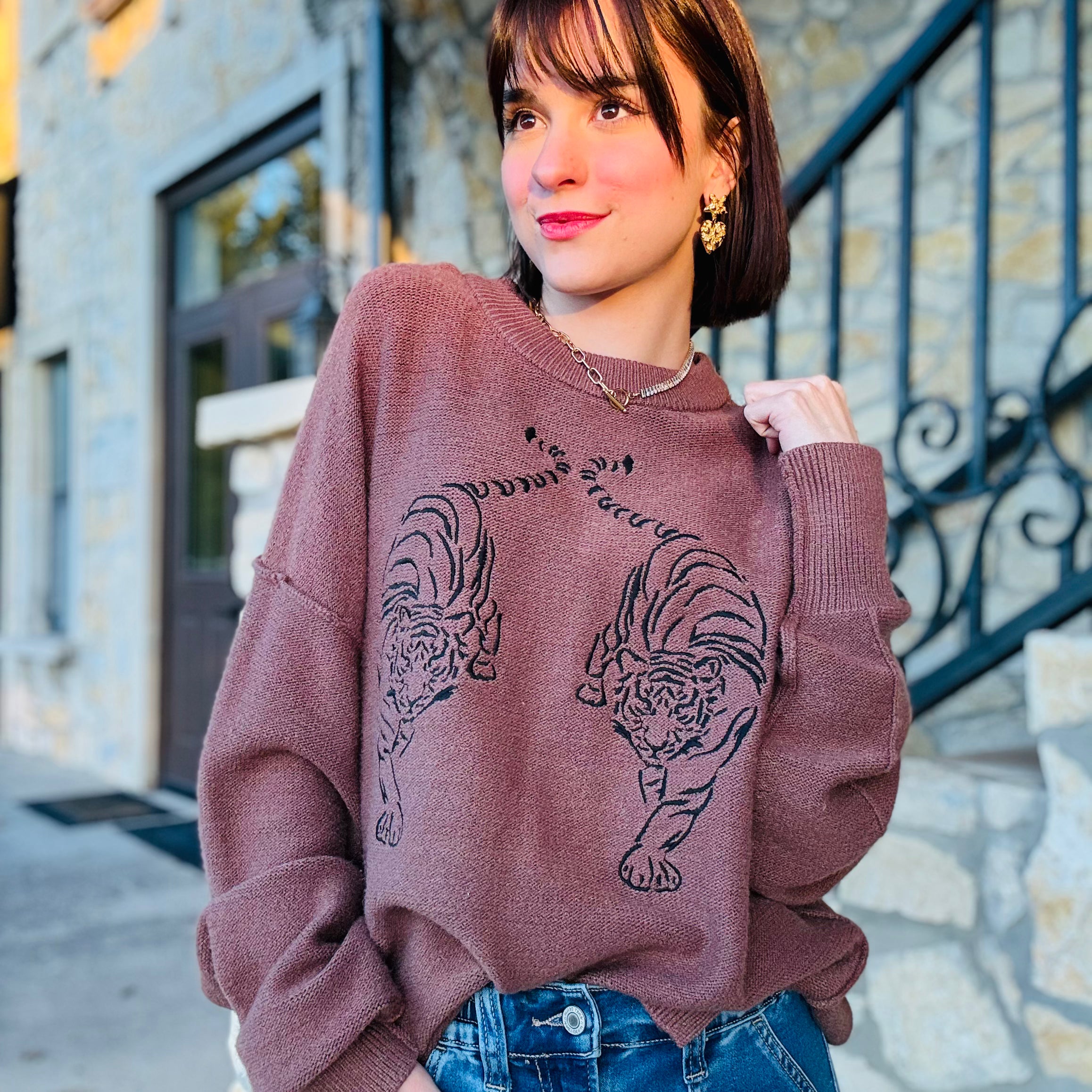 Tiger's Eye Embroidered Exposed-Seam Sweater