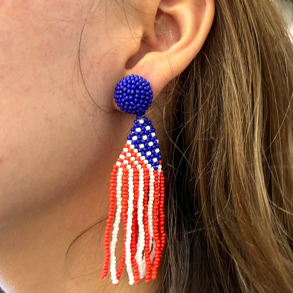 Stars & Dangles American Flag Beaded Tassel Earrings