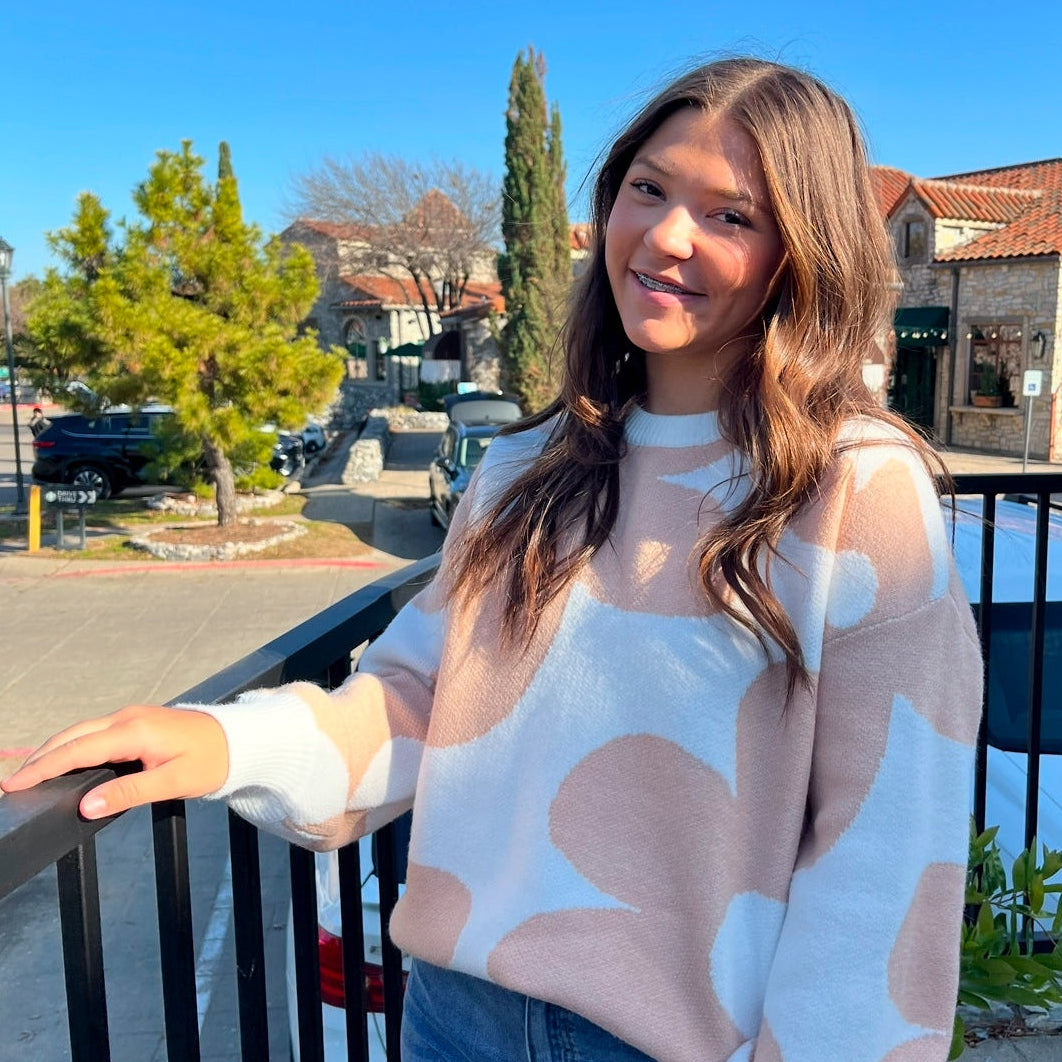 floral sweater, neutral flower sweater, mauve knit sweater, cozy fall sweater, round neck sweater, floral knit top, feminine sweater, boutique sweater, trendy neutral sweater, chic fall outfit, casual cozy sweater, cute floral pullover, soft knit sweater, sweater with flower pattern, everyday fall style, winter floral sweater, stylish boutique knit, versatile fall top, women’s cozy sweater, neutral knit pullover