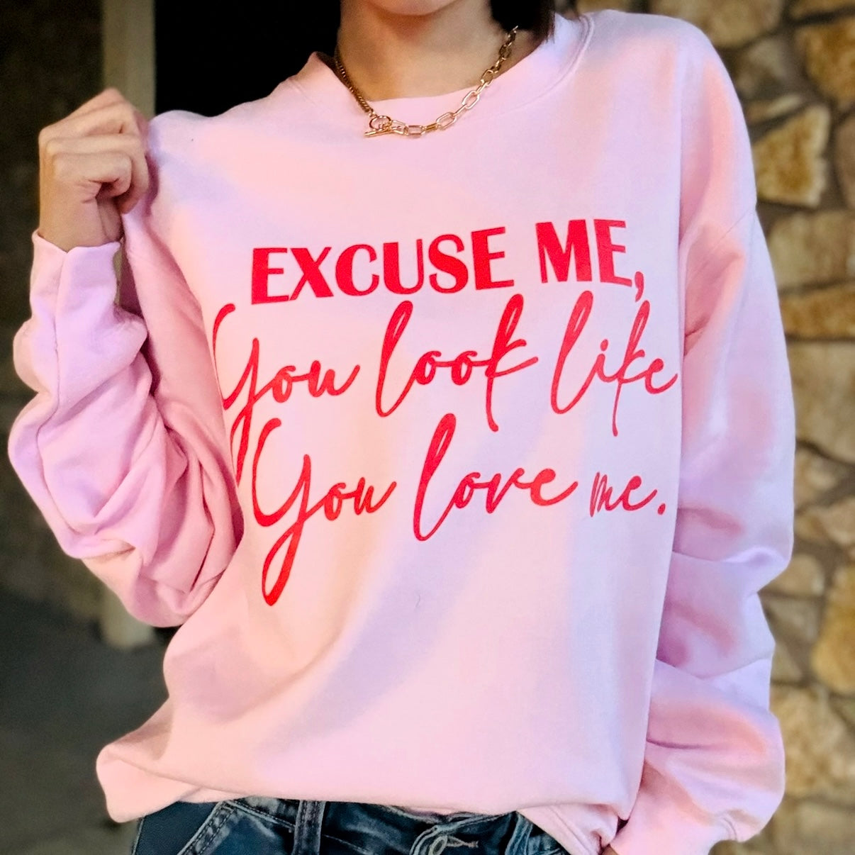 valentines sweatshirt, love quote sweatshirt, pink valentine sweatshirt, graphic valentine top, cute love sweatshirt, romantic graphic sweatshirt, excuse me you look like you love me sweatshirt, flirty valentine outfit, cozy valentines top, galentines sweatshirt, pink graphic sweatshirt, trendy boutique sweatshirt, womens valentine fashion, casual valentine outfit, statement graphic sweatshirt, soft cozy pullover, boutique valentines sweatshirt, giftable valentine top, valentines day outfit idea, McKinney