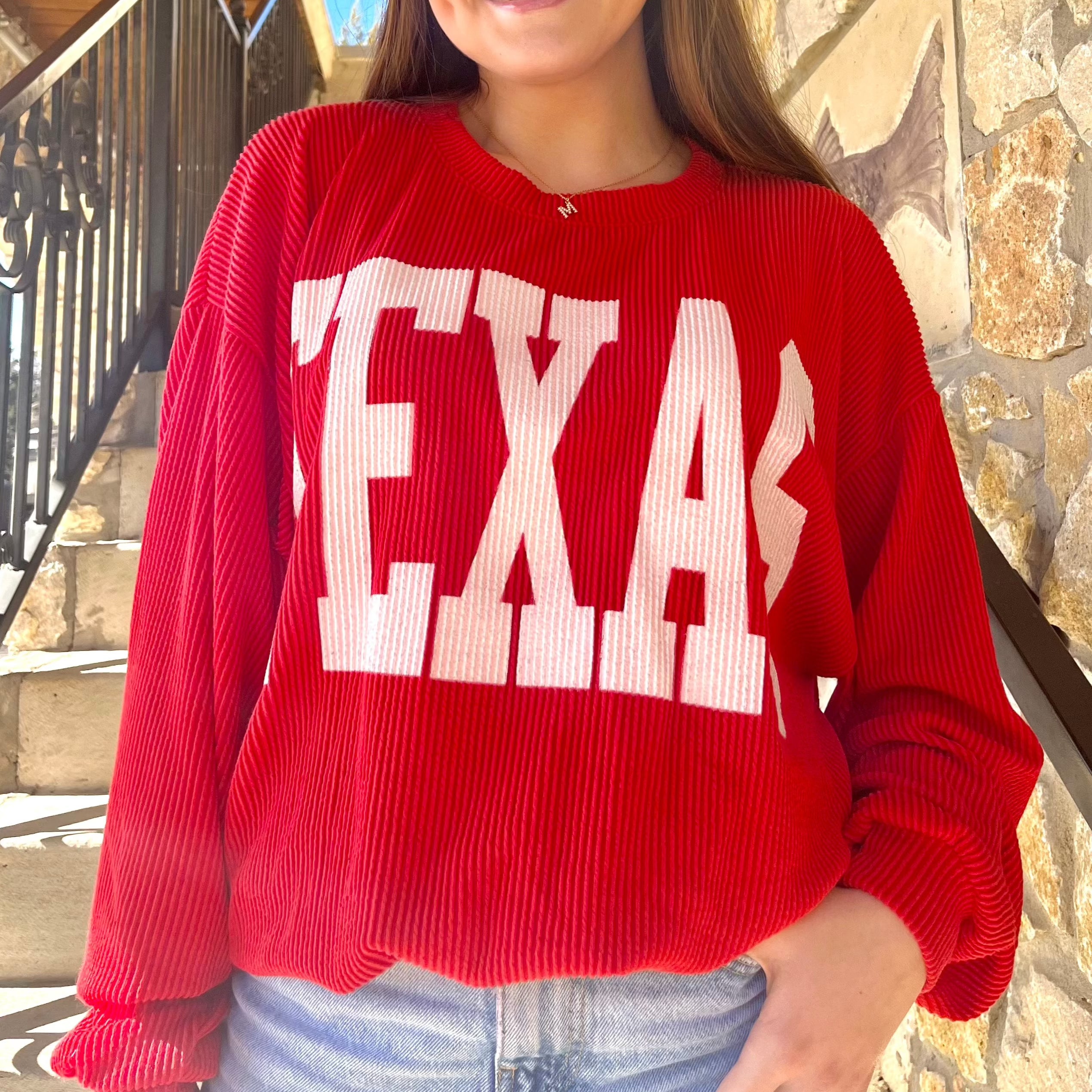 corded texas sweatshirt, corded sweatshirt, corded sweatshirt, texas sweatshirt, corded crewneck, crewneck, fall sweatshirt, back to school, school sweatshirt, college gift, ut austin student gift idea, texas gift, red sweatshirt, red crewneck