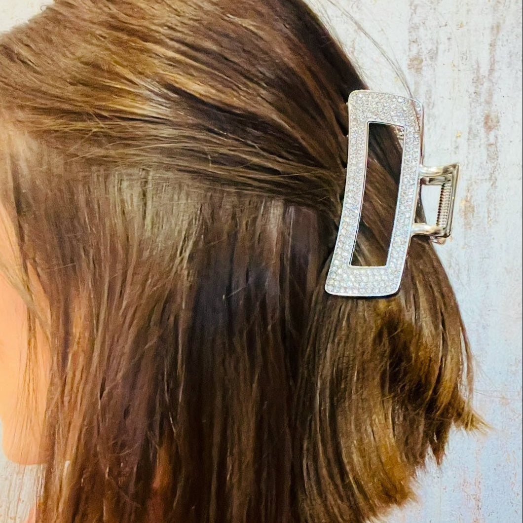 rhinestone claw clip, silver hair clip, sparkle hair accessory, glam hair clip, rectangle claw clip, stylish hair clip, elegant hair accessory, boutique hair clip, trendy claw clip, rhinestone hair accessory, women’s hair clip, chic hair clip, everyday glam, shimmering hair clip, fashion hair accessory