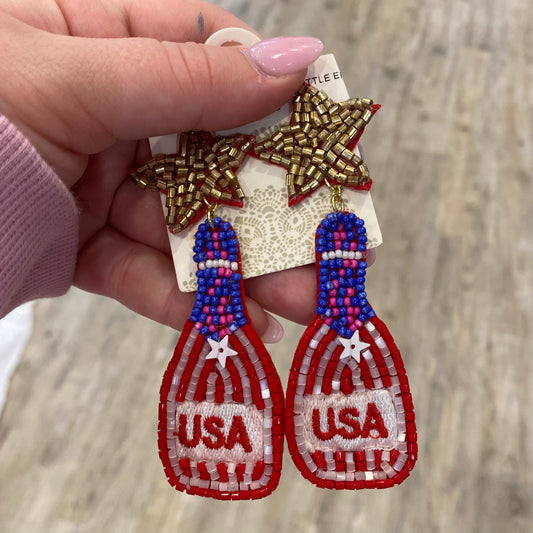 seed bead earrings, 4th of july earrings, USA earrings, patriotic earrings, champagne bottle earrings, star earrings, red white and blue earrings, memorial day earrings, veterans day earrings, united states earrings, striped earrings