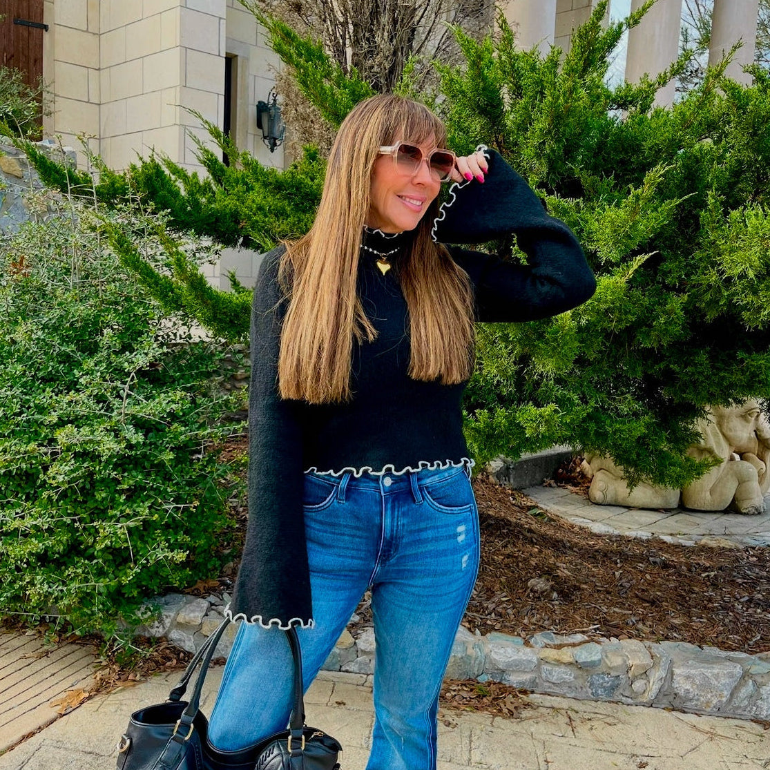 contrast turtleneck sweater, mock neck sweater, contrast stitch sweater, flare sleeve sweater, slim fit knit top, trendy fall sweater, cozy knit mock neck, boutique fall fashion, chic neutral sweater, stylish knit top, elevated basic sweater, modern classic knit, color contrast pullover, women’s fall style, polished fall outfit, sweater with flare sleeves, fall layering top, contrast detail knit, fall wardrobe staple, office to weekend sweater, cozy chic top, minimalist sweater, black and white sweater