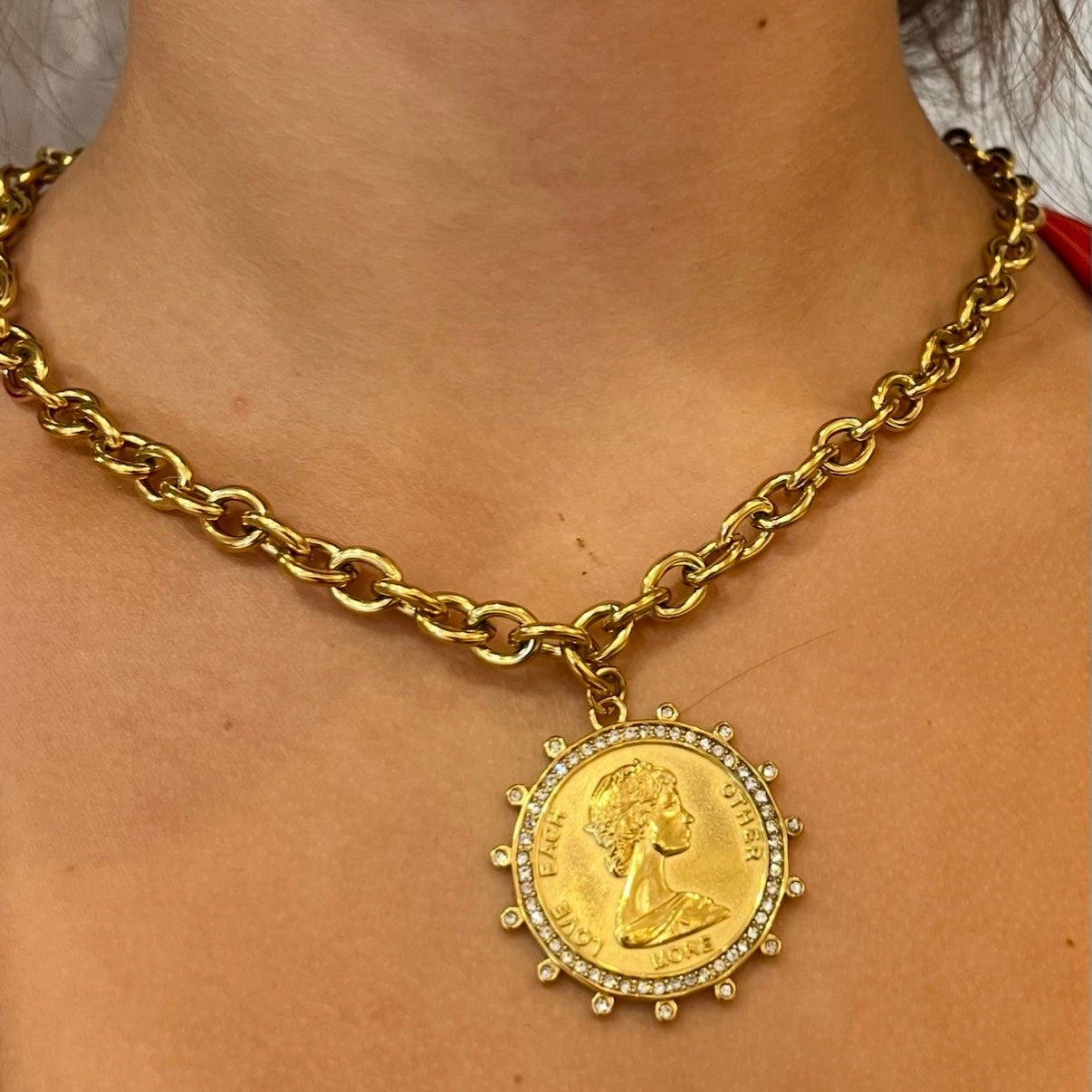 gold coin necklace, rhinestone coin pendant, water resistant jewelry, adjustable chain necklace, gold choker necklace, layering necklace, dainty statement necklace, timeless gold necklace, sparkly pendant necklace, everyday gold jewelry, elegant coin necklace, trendy gold accessories, boutique jewelry, gift for her, classic gold necklace