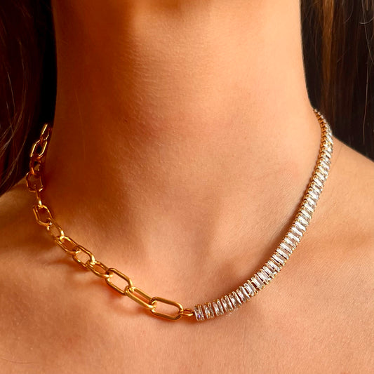 mixed metal, mixed metal necklace, silver tennis necklace, gold paperclip chain necklace, paperclip chain, paperclip chain necklace, tennis necklace, mixed chain necklace, brenda grands jewelry, brenda grands necklace, hypoallergenic necklace, hypoallergenic jewelry, hypoallergenic
