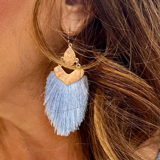 tassel earrings, gold tassel earrings, french wire dangle earrings, french wire earrings, tassel jewelry, blue tassel earrings, game day earrings, outfit accessories, outfit accessory, brunch date earrings, everyday earrings