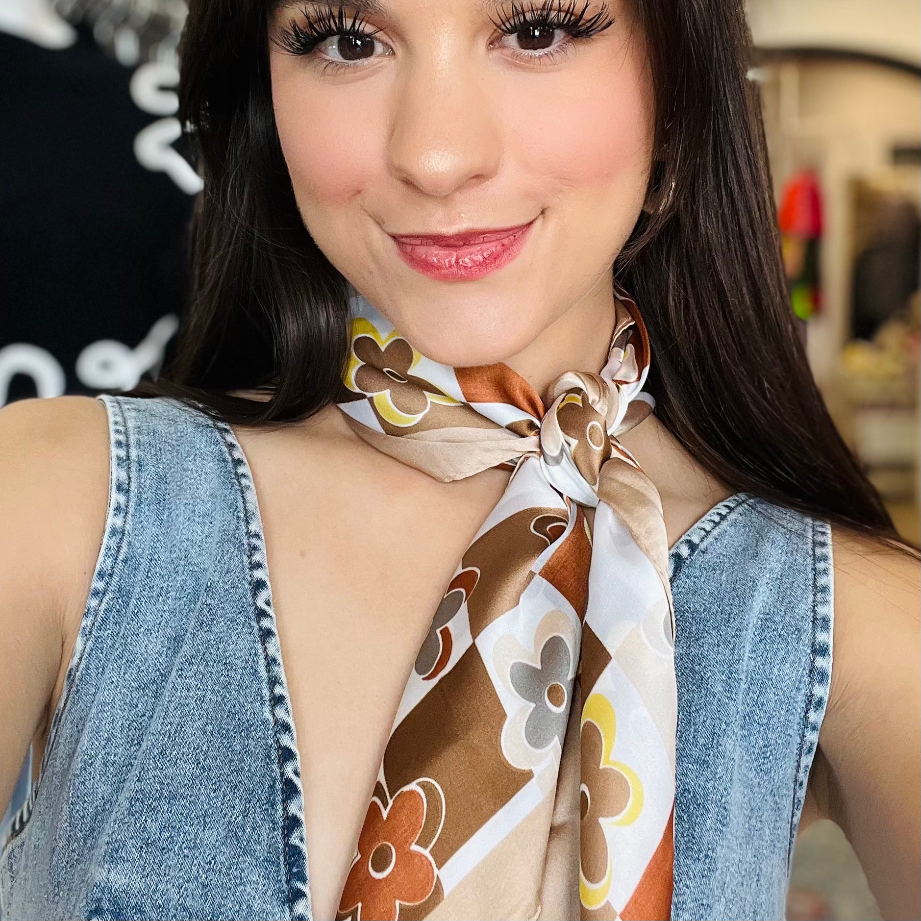 rust bandana, brown bandana, floral bandana, checkered bandana, brown floral checkered bandana, bandana, neck scarf, neck tie, belt, copper bandana, fall accessories, fall bandana