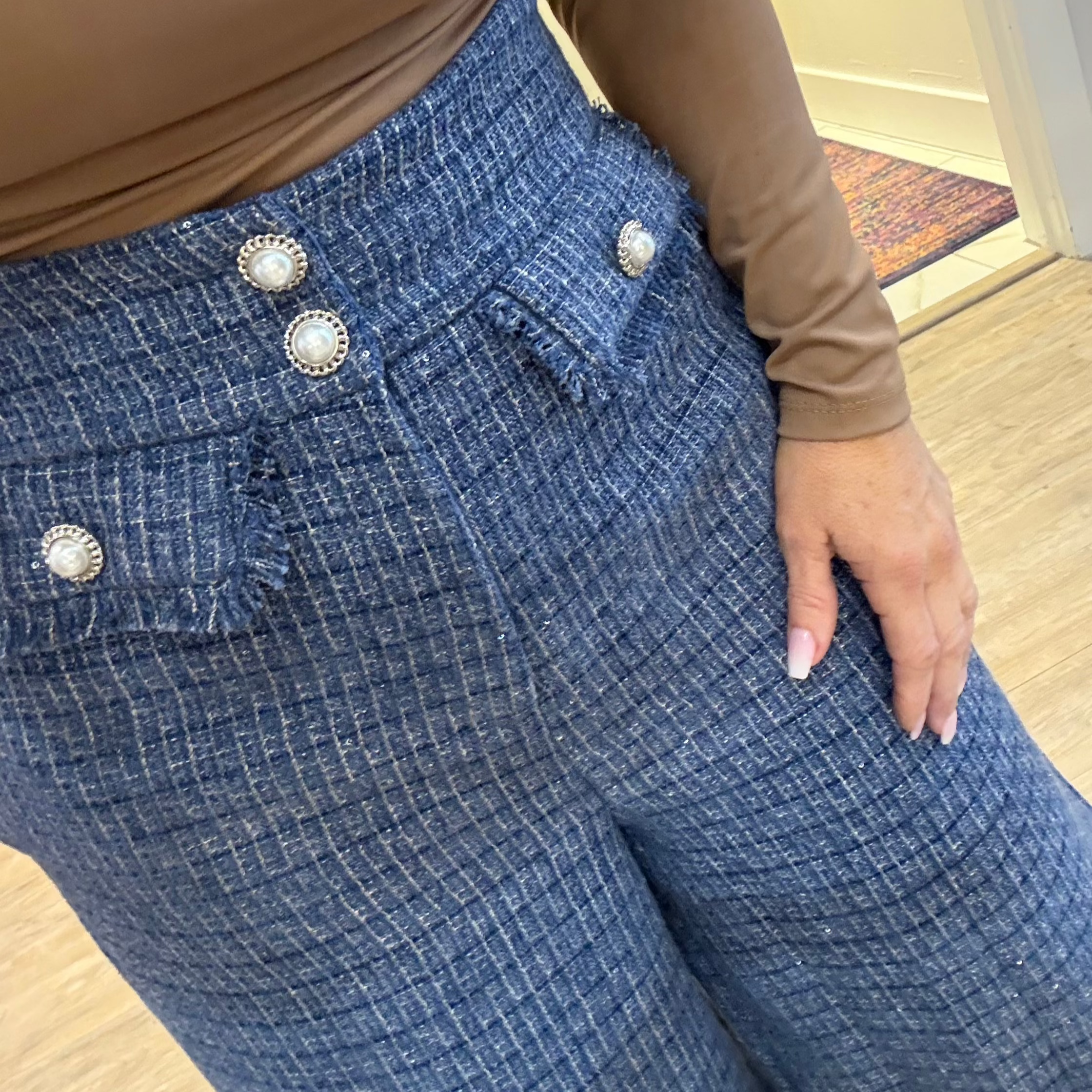 tweed pants, tailored tweed trousers, boutique chic pants, sophisticated pants for women, high waisted tweed pants, workwear pants, polished trousers, taupe tweed pants, slate gray tweed pants, front closure pants, jewel button pants, pockets trousers, versatile dress pants, stylish fall pants, professional pants for women, classic tweed bottoms, chic office pants, elegant tweed pants, modern boutique pants, timeless wardrobe staple