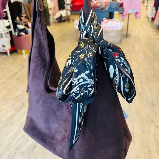 long tapered scarf, silky long scarf, slim ribbon scarf, versatile hair scarf, neck scarf accessory, bag tie scarf, dual pattern scarf, multicolor leopard scarf, black floral scarf, lightweight silky scarf, 50 inch long scarf, patterned ribbon scarf, fashion accessory scarf, colorful slim scarf, trendy twilly style scarf, elongated scarf for women, chic styling scarf, statement print scarf