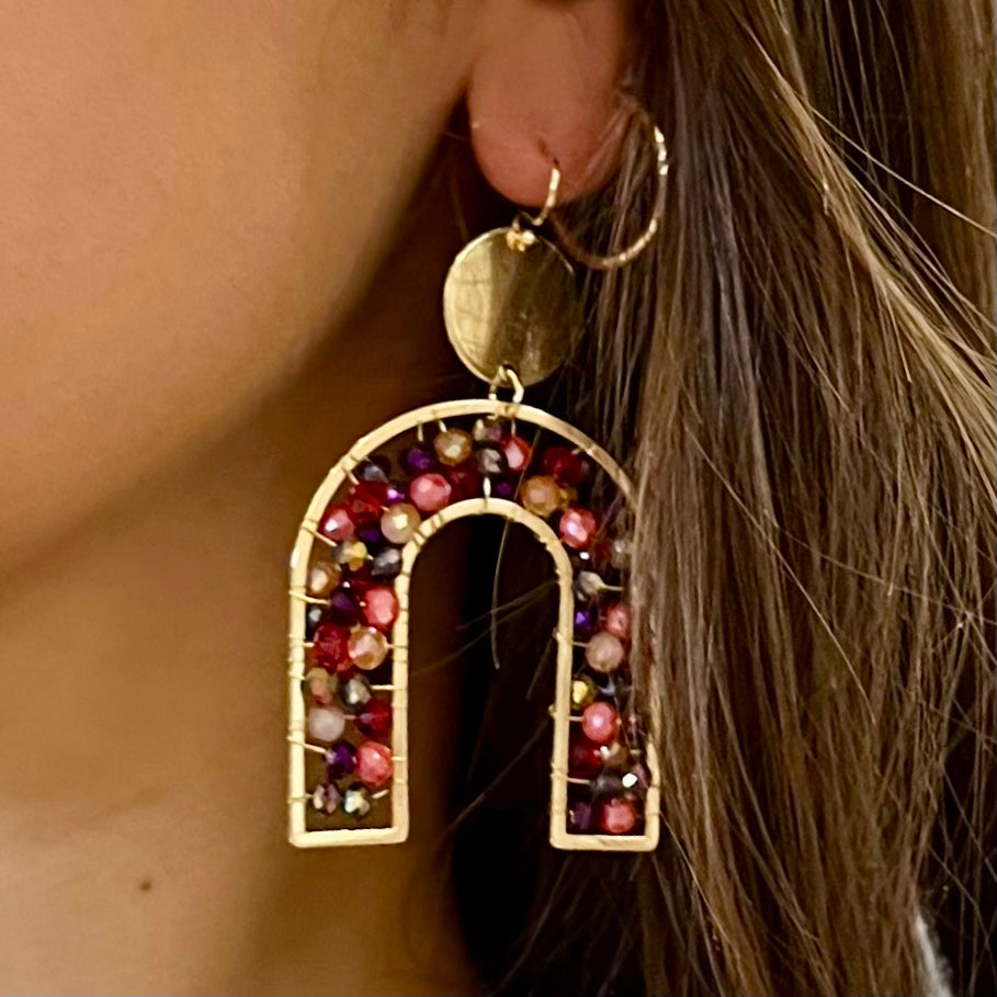 arch earrings, arch pendant earrings, beaded earrings, beaded arch earrings, glass beads, glass beaded arch earring, french wire dangle earrings, french wire earrings, red beaded earrings, red arch earrings, maroon beaded earrings, maroon arch earrings