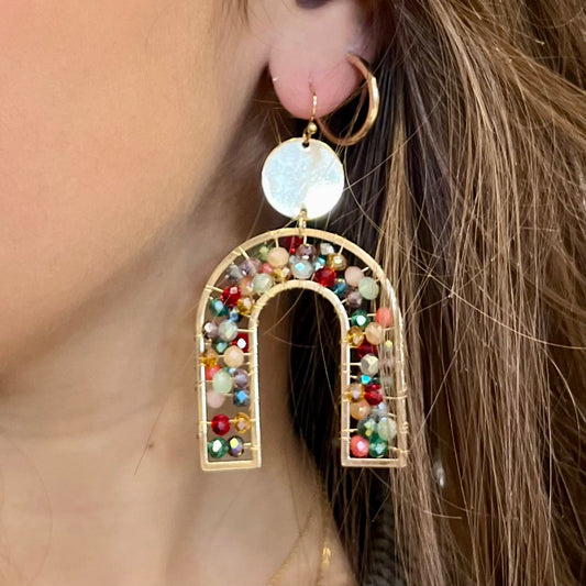 arch earrings, arch pendant earrings, beaded earrings, beaded arch earrings, glass beads, glass beaded arch earring, french wire dangle earrings, french wire earrings, multicolor beaded earrings, multicolor arch earrings