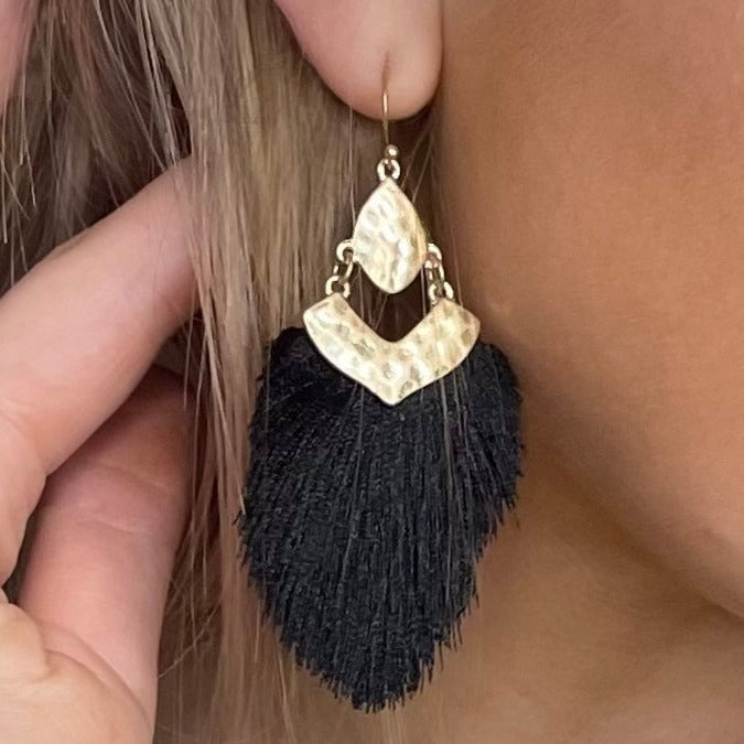 tassel earrings, gold tassel earrings, french wire dangle earrings, french wire earrings, tassel jewelry, black tassel earrings, game day earrings, outfit accessories, outfit accessory, brunch date earrings, everyday earrings