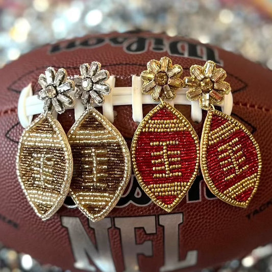 football earrings, beaded earrings, football beaded earrings, football season earrings, game day earrings, football game earrings, game time earrings, dallas cowboys game outfit, football game accessories, rhinestone earrings, rhinestone football earrings, seed bead earrings, stud dangle earrings, earrings, high school football game outfit, football mom outfit, football mom gift