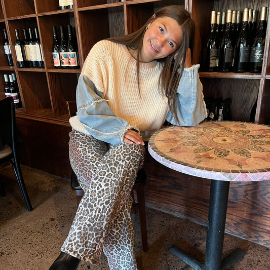 trending leopard, leopard trend, leopard pattern, leopard print, leopard jeans, patterned jeans, teacher pants, teacher jeans, clean jeans, no rip denim, denim, denim apparel, leopard denim, leopard print jeans, spring jeans, 2025 trends, 2025 jeans, back to school jeans, business casual