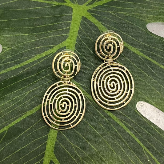 unique earrings, gold earrings, circular earrings, circle earrings, gold circular earrings, stud dangle earrings, abstract earrings, fun earrings, lightweight gold earrings, costume jewelry