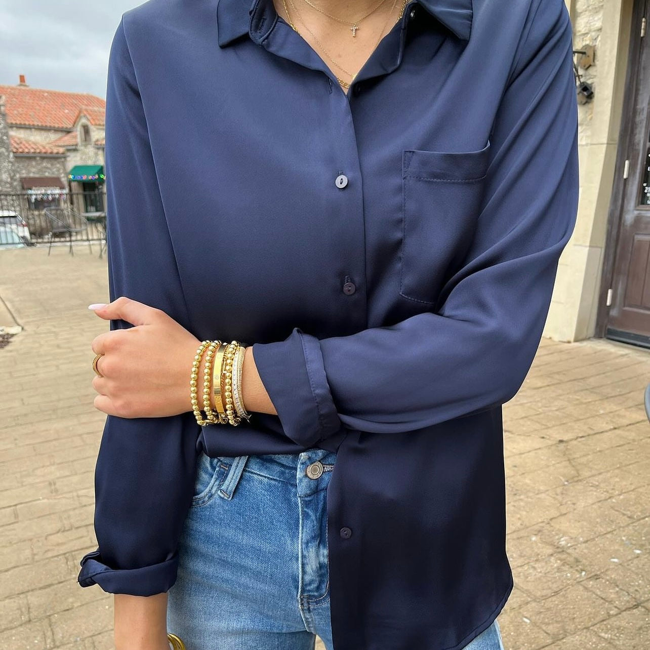 satin blouse, silky button up top, classic collared blouse, long sleeve satin shirt, relaxed fit blouse, polished work blouse, date night top, chic satin button down, versatile wardrobe staple, timeless satin blouse, soft silky feel blouse, solid color satin top, elevated everyday blouse, office to evening top, best selling satin blouse, smooth satin shirt, recycled polyester blouse, sophisticated satin top, chest pocket blouse, effortless chic satin blouse