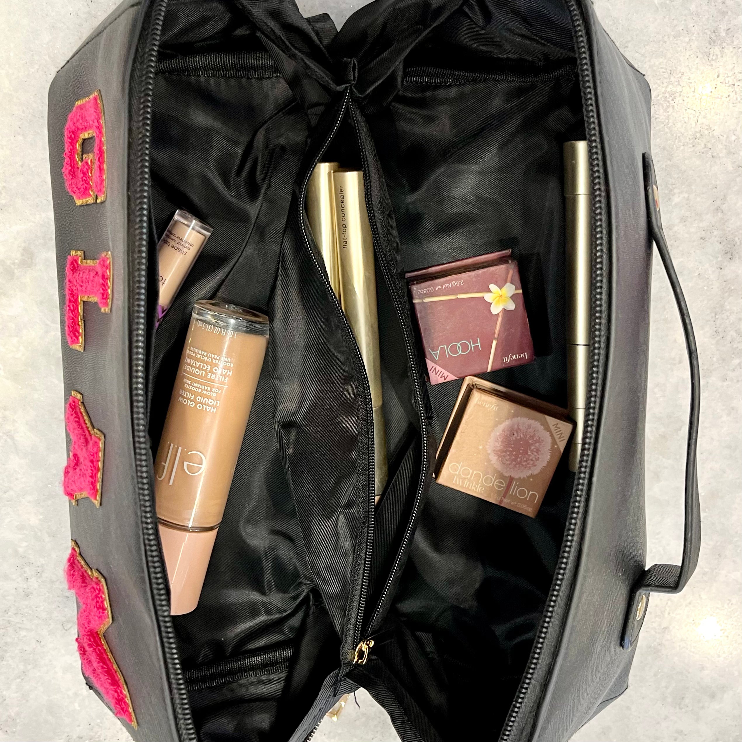 glam cosmetic bag, glam makeup bag, travel makeup bag, vanity organizer, black makeup bag, hot pink glam letters, flat lay makeup bag, faux leather cosmetic case, travel toiletry bag, large makeup organizer, trendy cosmetic bag, gift for her, makeup storage bag, glam patch letters, stylish makeup pouch, travel beauty bag, cosmetic bag with handle, makeup lover gift, beauty essentials organizer, girly travel bag, spacious makeup case, college girl gift, cute toiletry bag, bachelorette gift idea