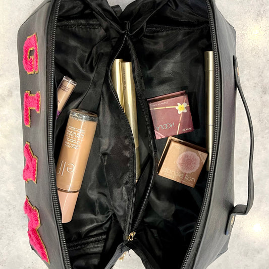 glam cosmetic bag, glam makeup bag, travel makeup bag, vanity organizer, black makeup bag, hot pink glam letters, flat lay makeup bag, faux leather cosmetic case, travel toiletry bag, large makeup organizer, trendy cosmetic bag, gift for her, makeup storage bag, glam patch letters, stylish makeup pouch, travel beauty bag, cosmetic bag with handle, makeup lover gift, beauty essentials organizer, girly travel bag, spacious makeup case, college girl gift, cute toiletry bag, bachelorette gift idea